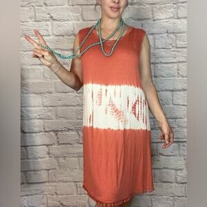 NWT Jennararion Coral Pink and White Sleeveless Dress with Pom Pom Hem